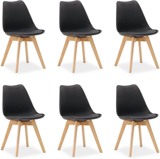 Homestyle4u 6er Set Küchenstühle in Schwarz aus Kunstleder im skandinavischen Stil mit Buchenholzbeinen - Bild 1