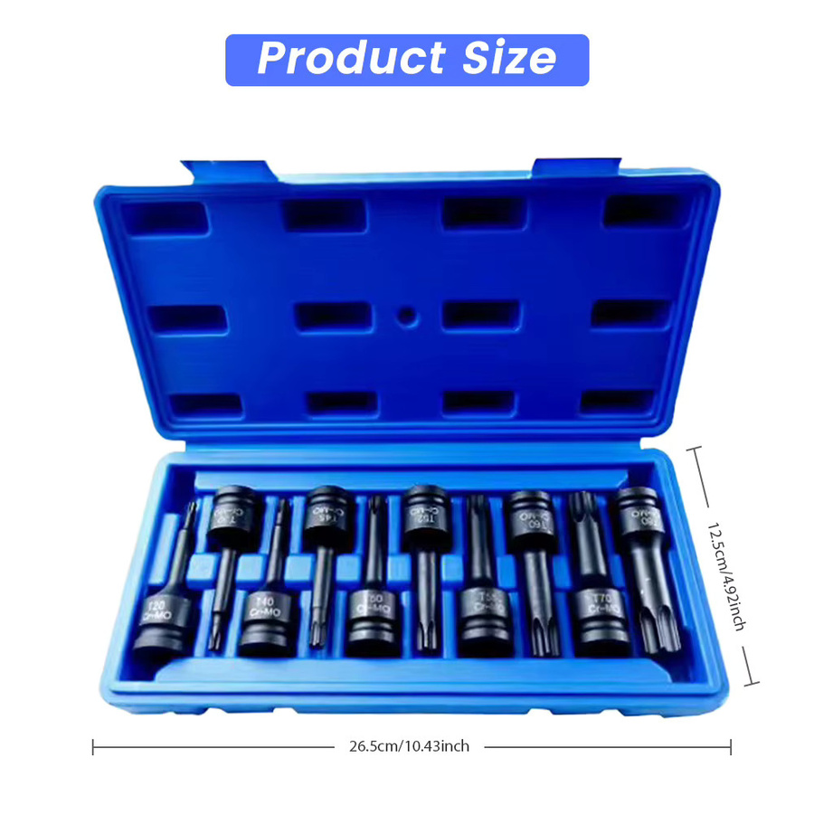 Podofo 10-teiliger Torx-Bit-Steckschlüsselsatz 1/2 Zoll aus Cr-Mo-Stahl in Blau mit Aufbewahrungskoffer, T20-T80 Stern-Steckschlüsseladapter für Kfz-Reparatur und Wartung - Bild 5