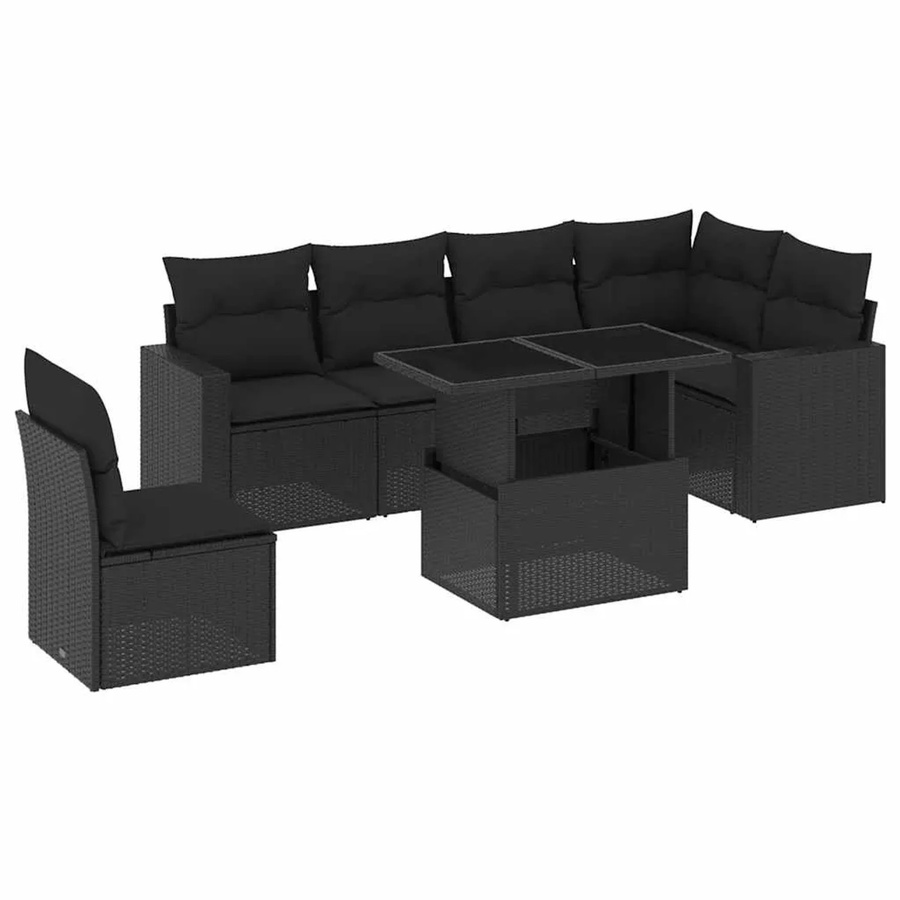 vidaXL 7-teilige Garten-Sofagarnitur in L-Form aus schwarzem Poly-Rattan mit Kissen und pulverbeschichtetem Stahlrahmen - Bild 2