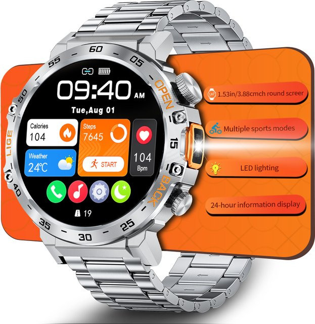 LIGE Smartwatch für Männer mit Ultra HD Bildschirm, Bluetooth Anruffunktion und Taschenlampe, wasserdicht, in Schwarz oder Silber - Bild 1