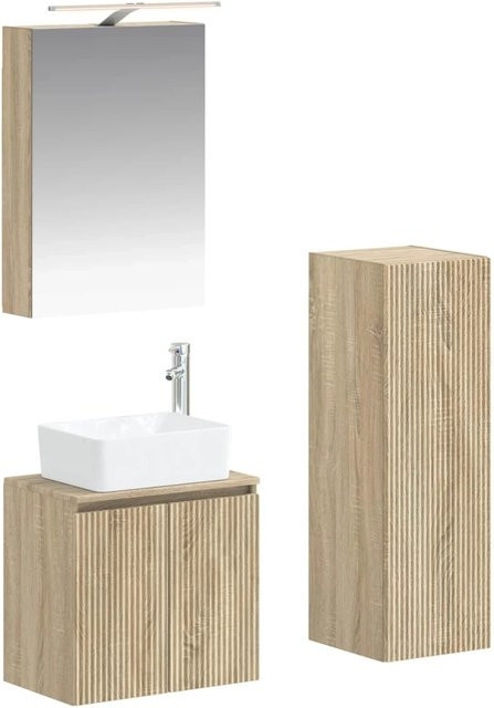 vidaXL Badezimmermöbel-Set 4-teilig in Eiche Sonoma mit Waschtischunterschrank, Wandschrank und Spiegelschrank mit LED-Beleuchtung und Glastüren, Braun - Bild 1