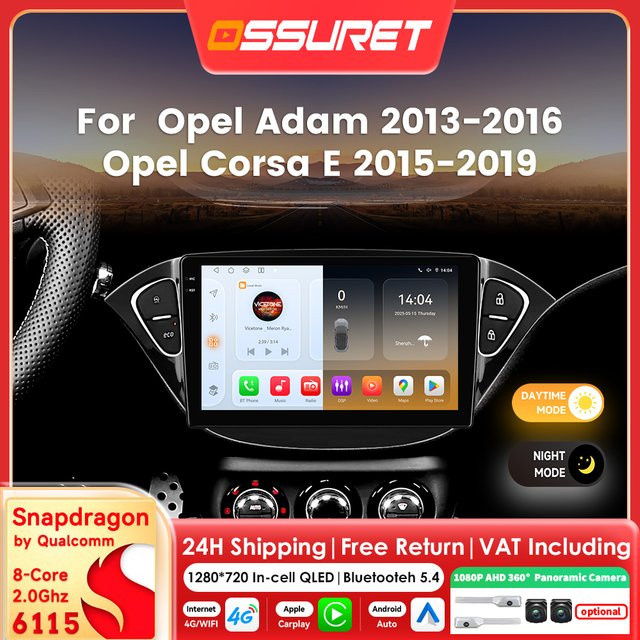 OSSURET Android 14 Autoradio mit CarPlay und Snapdragon 8-Core Prozessor für Opel Corsa E 2015–2019 und Opel Adam 2013–2016, Multimedia-System mit GPS und 360 Grad Kamera, Schwarz - Bild 1