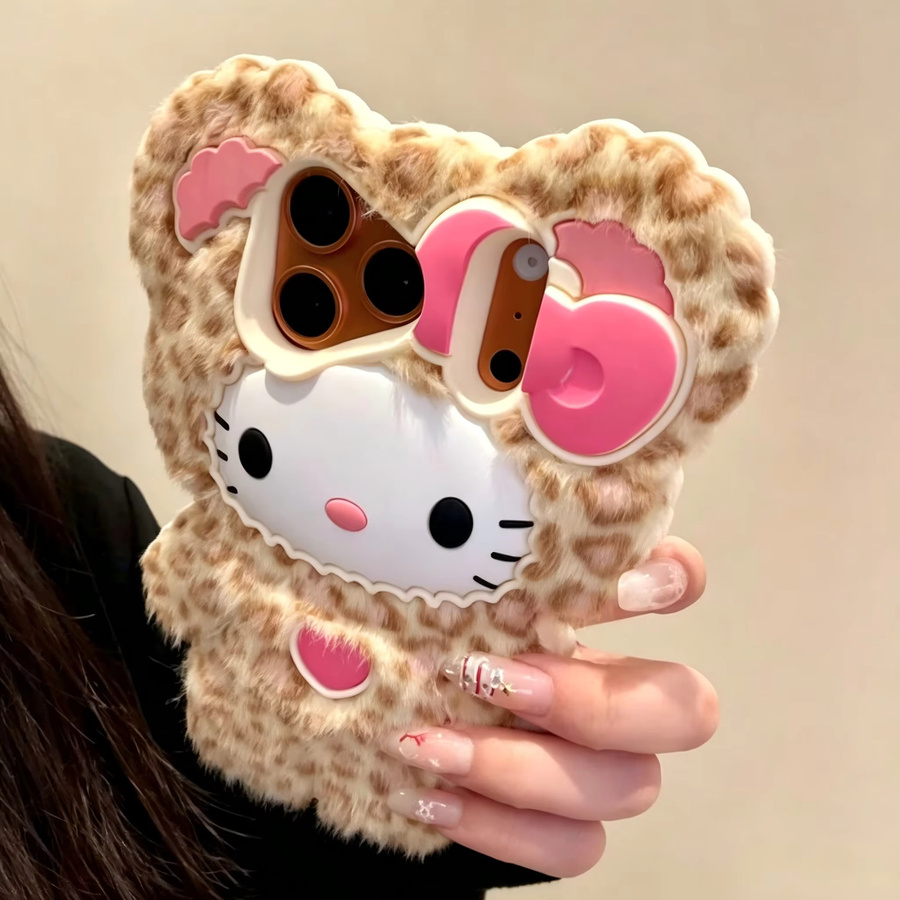 Sanrio Hello Kitty Handyhülle mit Leopardenmuster aus flauschigem Plüsch und Silikon-Rückseite für iPhone 17 16 15 14 13 12 Pro Max Plus in Multicolour - Bild 2