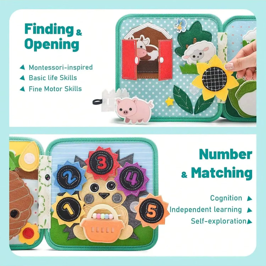 BizyKoady Montessori Beschäftigungsbuch aus Filz für Kleinkinder, buntes Stoffbuch zur Förderung der Feinmotorik und sensorischen Aktivitäten mit Tiermotiven - Bild 4