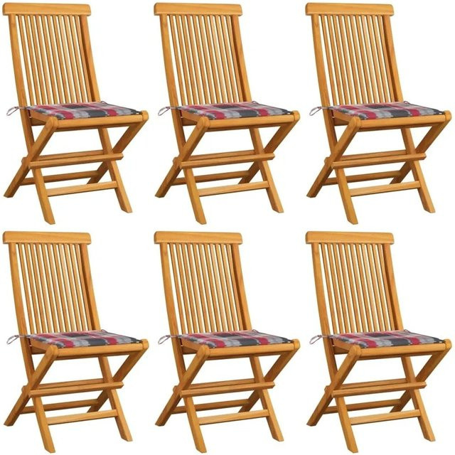 vidaXL Gartenstuhl-Set aus Teak-Massivholz mit 6 roten Kissen im Karomuster und Armlehnen - Bild 1