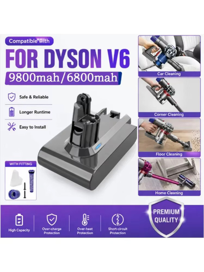 Ersatzakku für Dyson V6 DC58 DC59 DC62 SV03 SV04 SV09 Animal Slim Absolute Vacuum, 21,6 V, 9800 mAh, Schwarz - Bild 1