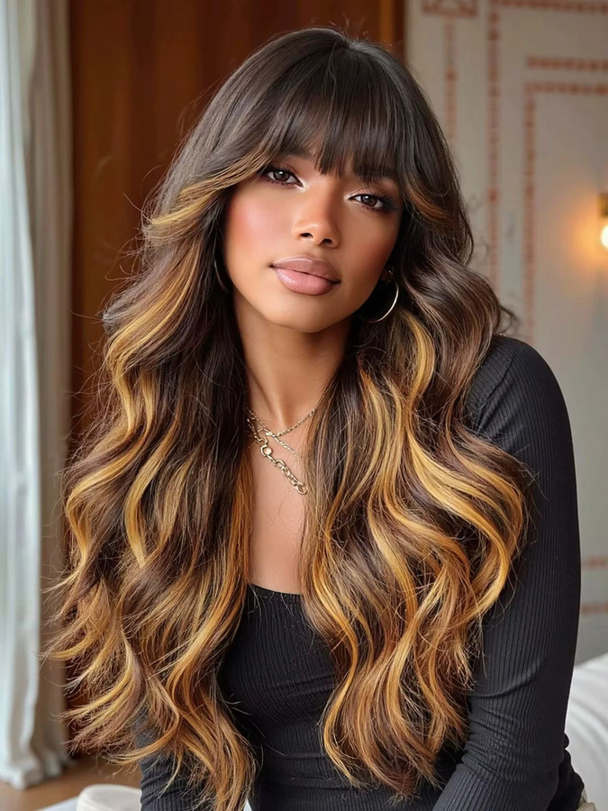 EASIHAIR Perücke, lange gewellte synthetische Faser mit Pony, Damen, Golden Highlight - Bild 3