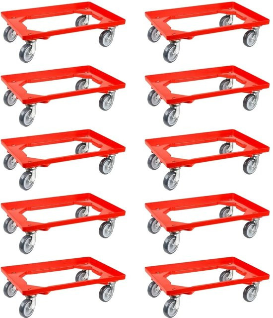 PROREGAL SparSet 10x Transportroller für Euroboxen in Rot mit Gummirädern, offenes Deck, 2 Lenkrollen und 2 Bremsrollen, Traglast 300 kg, B/T: 60 x 40 cm - Bild 1