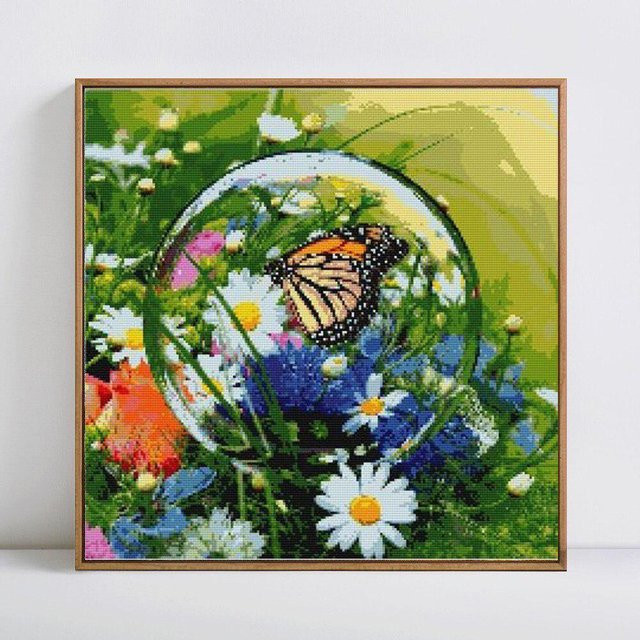 FIYO Diamant-Gemälde mit Schmetterlings- und Blumen-Motiv, Rundstein-Stickerei in Beige und Multicolour, B/H: 20 x 20 cm - Bild 1