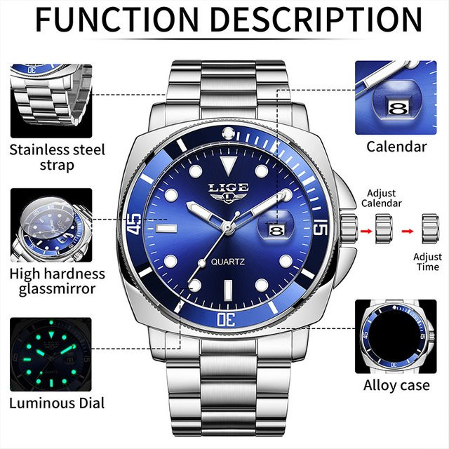 LIGE Armbanduhr Quarz, Edelstahl, Blau, Herren - Bild 1