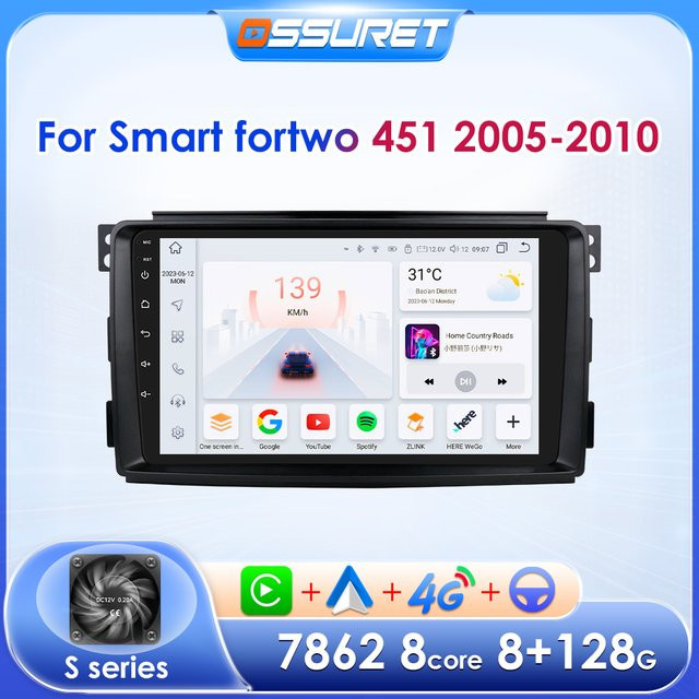 OSSURET Android Auto Autoradio mit Wireless CarPlay, GPS, Bluetooth und Wi-Fi für Smart Fortwo, Schwarz, 2 DIN - Bild 1