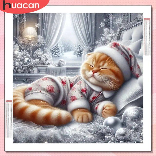 HUACAN 5D Diamantgemälde Weihnachten Katze mit Full Round Strasssteinen, B/H: 20 x 20 cm - Bild 1