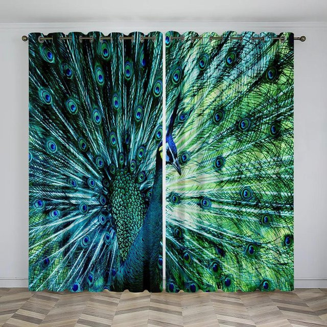 2er-Set 3D Pfau Vorhänge mit Blumenmuster, halbtransparent, Mehrfarbig, Breite: 50 cm, Höhe: 130 cm - Bild 1