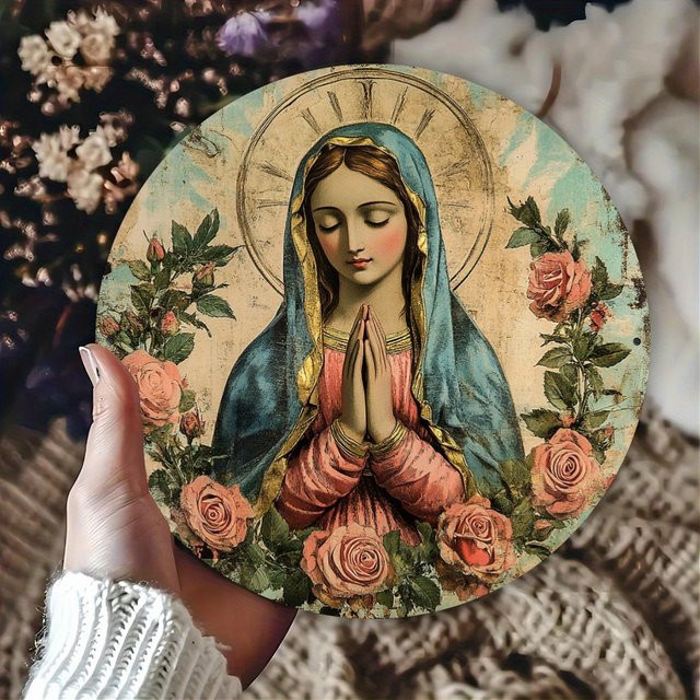 Rundes Metall-Kranzschild von Potdemiel mit religiöser Ikone und betender Figur in Mehrfarben, Durchmesser: 20,0 cm - Bild 1