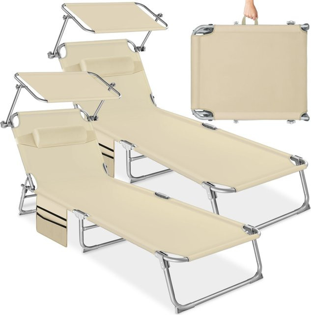tectake 2er Set Sonnenliege beige, klappbar mit Sonnendach und verstellbarem Kopfpolster, B/T/H: 190 x 68 x 111 cm - Bild 1