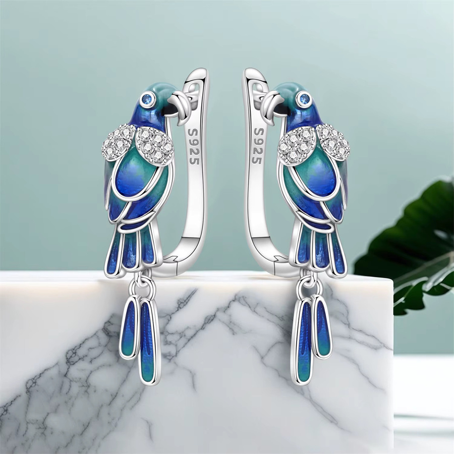 PANPOKI Ohrringe, 925 Sterling Silber, Blau Grün, Papagei Vogel, Damen - Bild 3