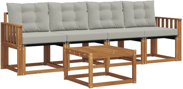 vidaXL Outdoor-Sofagarnitur 5-teilig aus Akazienholz mit Textilene und Kissen in Natur und Hellgrau - Bild 1
