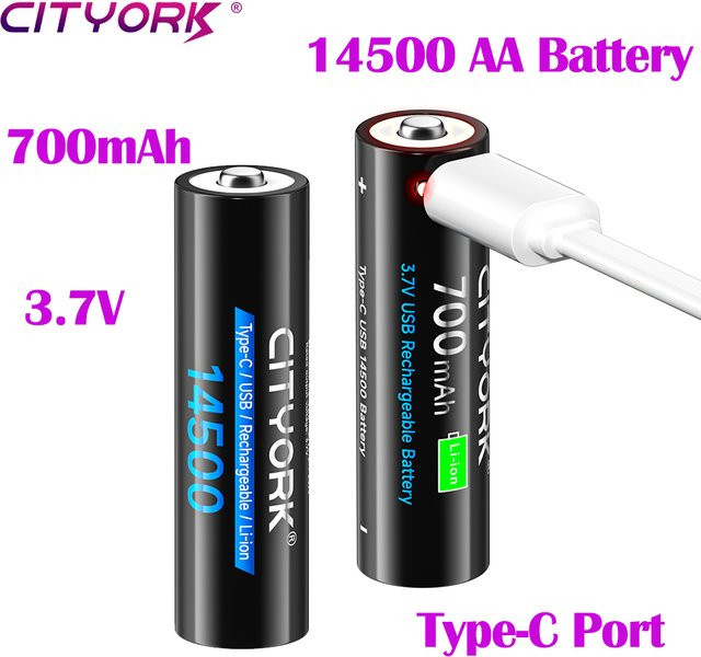 CITYORK 14500 AA Lithium-USB-Akkuzellen, 3,7V, 700mAh, Schwarz - Bild 1
