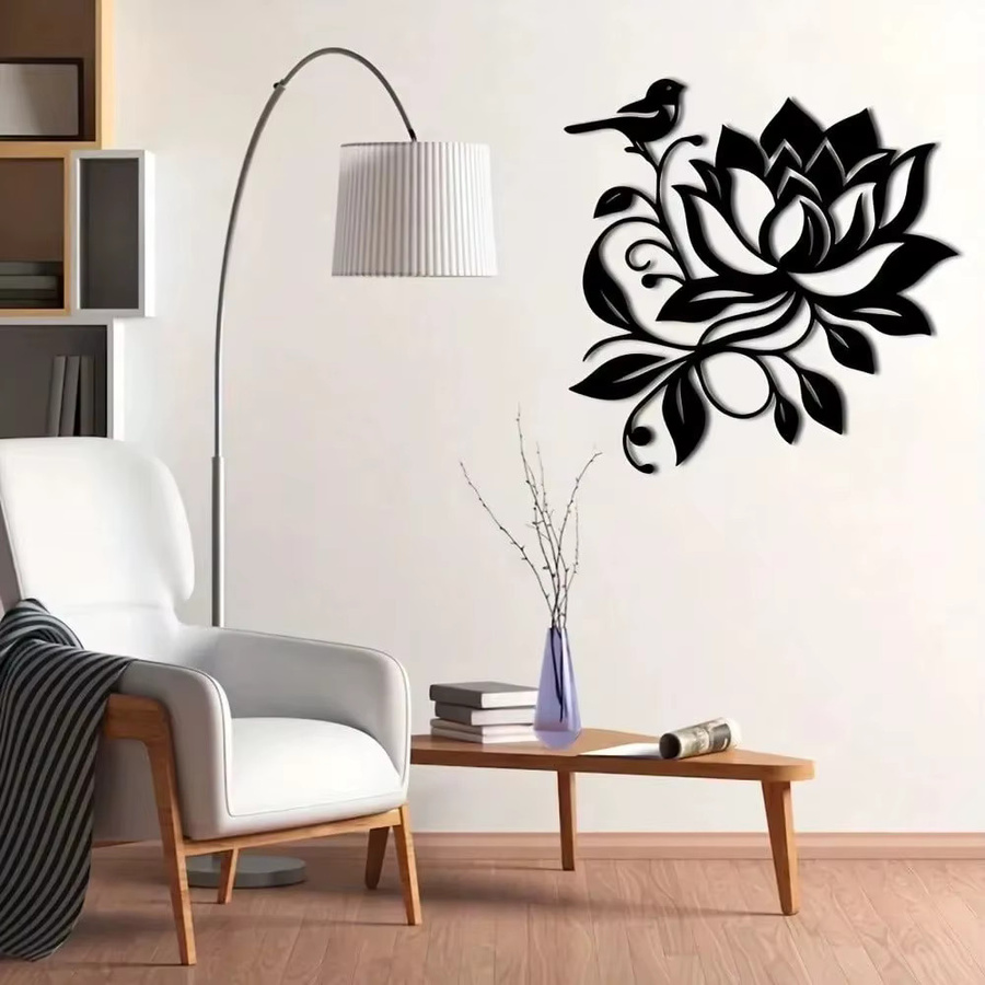 CIFBUY Moderne Wandkunst aus Metall in Schwarz-Weiß mit Lotus- und Vogel-Motiven - Bild 4