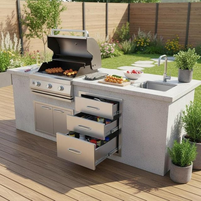 Outdoor-Küche aus Edelstahl in Grau mit drei Grill-Schubladen und Chromgriffen, B/T/H: 45,8 x 58,5 x 58,8 cm - Bild 1