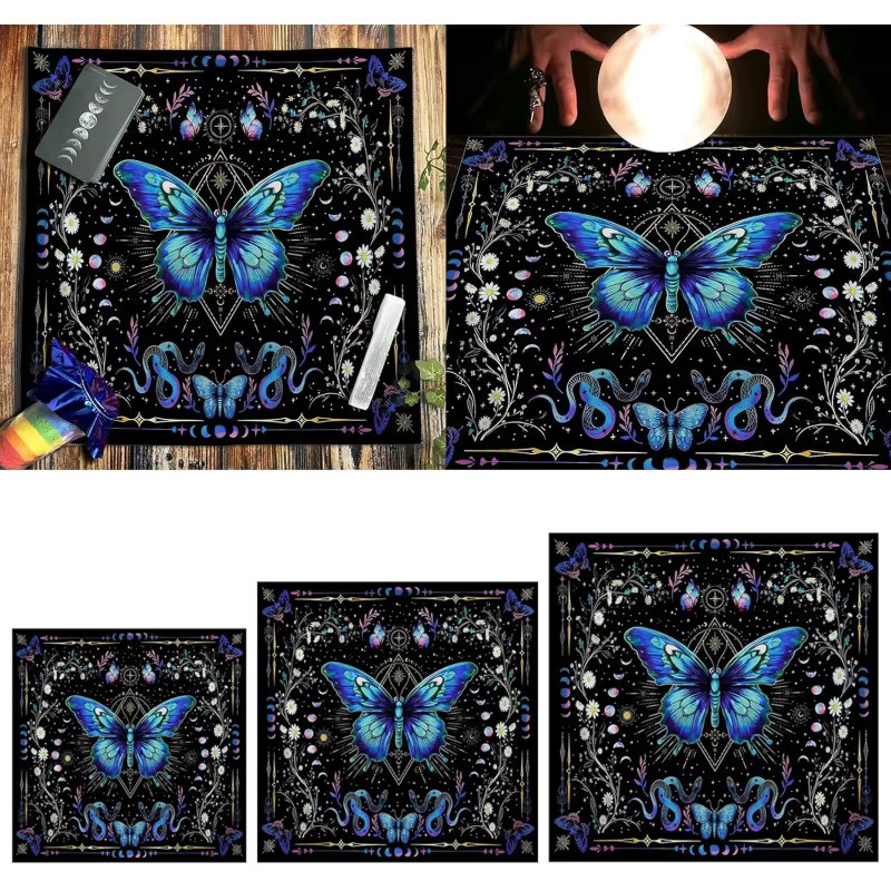 VIKAMA Wandteppich mit blauem Schmetterlingsdruck und Boho-Design als Orakelkarten-Matte für deine Heimdekoration - Bild 3