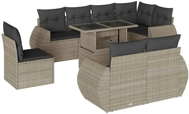 vidaXL 9-tlg. Garten-Sofagarnitur in L-Form aus Polyrattan mit Kissen in Hellgrau - Bild 1