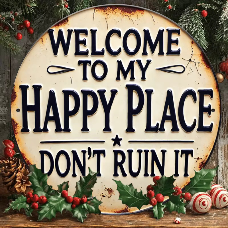 Rundes Metallschild CIFBUY Willkommen bei meinem Happy Place in Beige – Rustikale Eisen-Wandkunst für Schlafzimmer und Küche - Bild 5