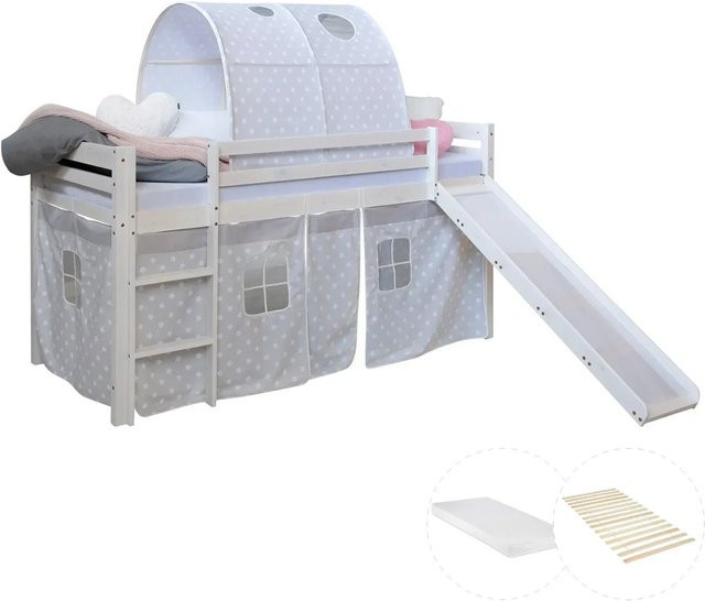 Homestyle4u Kinderhochbett aus Kiefernholz mit Lattenrost und Matratze, Weiß, B/T/H: 90 x 200 x 207,5 cm - Bild 1