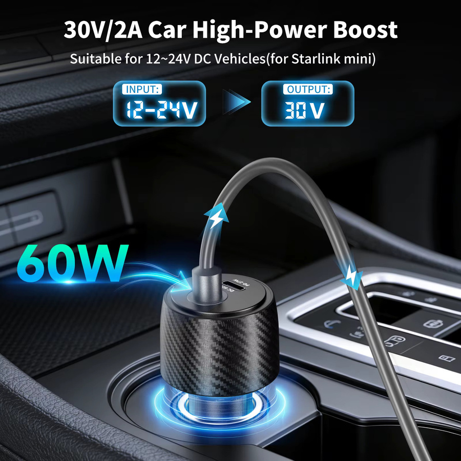 ANMONE 2-in-1 Auto-Stromadapter mit 60W DC und 27W PD Step-Up-Booster für Starlink Mini, Schwarz - Bild 6