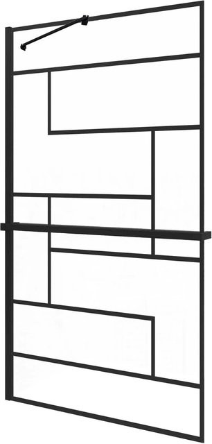AICA Walk In Duschwand aus NANO Glas mit Gitter-Dekor in Schwarz, B: 100 cm, H: 200 cm, inklusive Duschregal, Handtuchhalter und Stabilisator - Bild 1