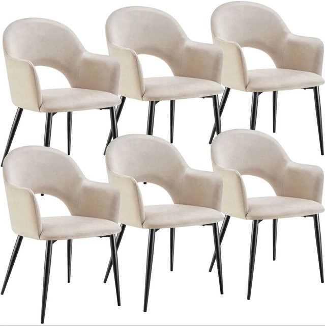 6er Set tectake Armlehnstühle Sachel in Samtoptik, gepolstert, Farbe Creme, B/T/H: 57 x 61,5 x 87,5 cm - Bild 1