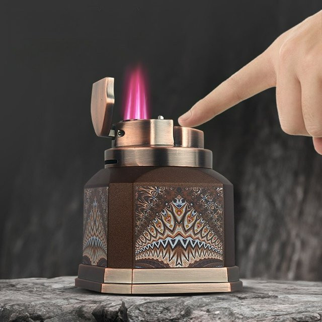 EHRLICHES Desktop Butan Gas Feuerzeug mit 4-fach Jet Flamme in Red Flame und Brown mit One Click Ignition für Zigarren und Business - Bild 1