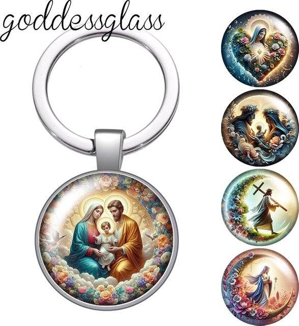 Goddessglass Schlüsselanhänger, Mondblumen Jesus Jungfrau Maria Kreuz, Glas Cabochon, Unisex - Bild 1
