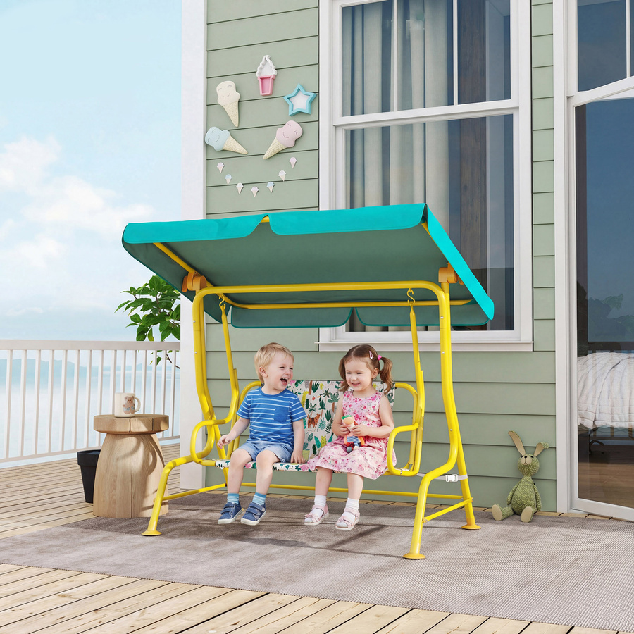 AIYAPLAY Kinder Hollywoodschaukel 2-Sitzer mit verstellbarem Sonnendach und Sicherheitsgurten, Schaukelbank für Garten und Terrasse in Grün mit Dschungel-Tier-Design - Bild 2