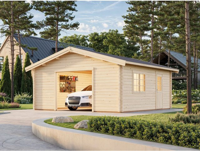 Palmako Garage Roger aus Fichtenholz mit Satteldach und Nebeneingangstür, Grau-Weiß, B/T/H: 540 x 540 x 312 cm - Bild 1