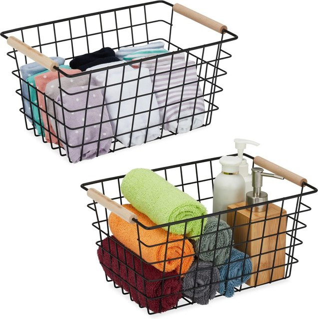 Relaxdays Drahtkorb aus Metall in Schwarz mit Holzgriffen, 2er Set, B: 16 cm, T: 31 cm, H: 21 cm - Bild 1