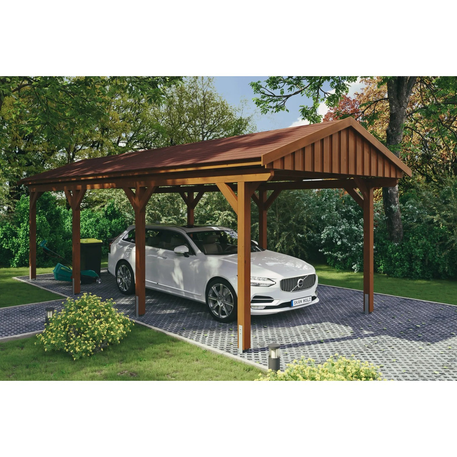 Skan Holz Carport Fichtelberg aus Fichte in Nussbaum Braun mit spitzer Dachform und Dachschindeln, B: 317 cm, T: 808 cm, H: 303 cm - Bild 2