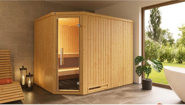 Weka Element-Ecksauna Varberg BioS in Braun mit Glastür und 7,5 kW Sparset B/H/T: 244 x 199 x 194 cm - Bild 1