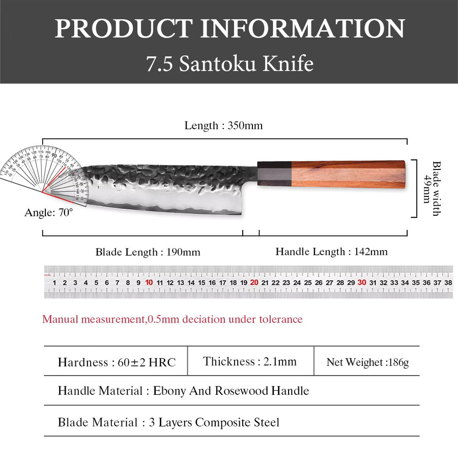 MOSTODOZO Santoku-Messer aus 3-lagigem Verbundstahl mit Holzgriff, 19,05 cm Japanisches Kochmesser - Bild 5