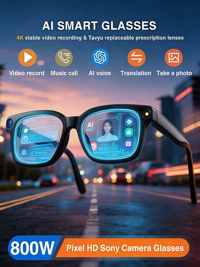 GUHUAVMI KI Smart-Brille mit Sprachübersetzung, 800W Pixel Kamera, Video-Musik-Player und Anruffunktion, Sonnenbrille in Schwarz und Transparent - Bild 6