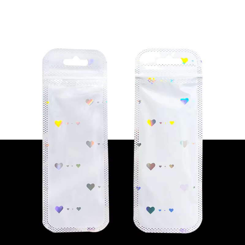 50 Stück wiederverschließbare Mylar-Beutel mit Schwarz-Weiß-Laserherz-Design und Reißverschluss zur Lebensmittelaufbewahrung und Verpackung, Schwarz-Weiß - Bild 4