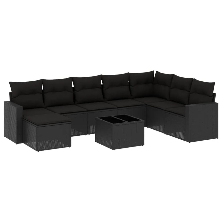 vidaXL 9-tlg Garten-Sofagarnitur in L-Form aus schwarzem Poly-Rattan mit Kissen und pulverbeschichtetem Stahlgestell - Bild 2