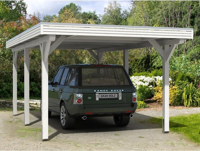 Skan Holz Carport Spessart aus Fichten-Leimholz in Weiß mit Aluminium-Dachplatten, B: 355 cm, T: 604 cm, H: 243 cm - Bild 1