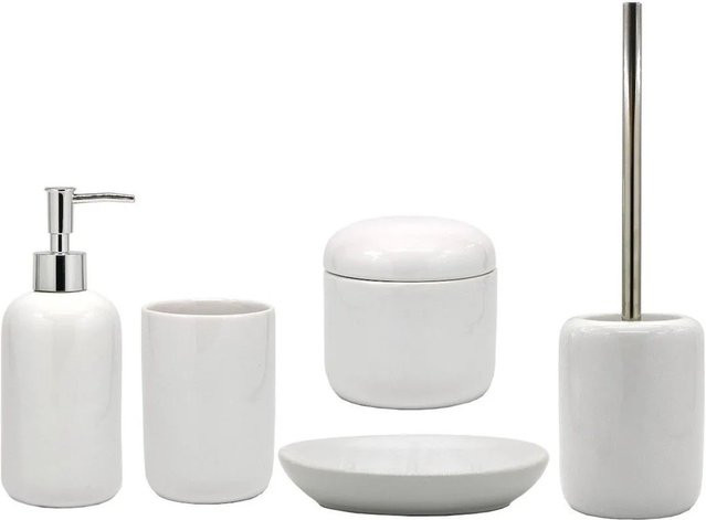 Swiss Aqua Technologies 5-teiliges Badaccessoire-Set aus Keramik in Weiß mit Seifenspender, Seifenschale, Zahnbürstenhalter, Becher und WC-Bürste - Bild 1