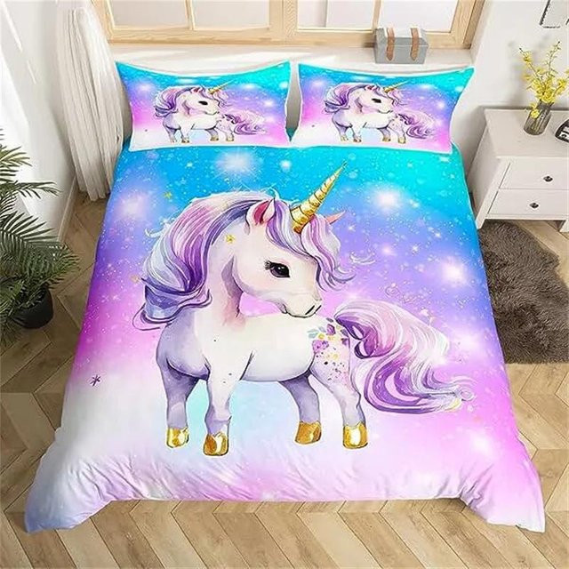 Allbestart Kinder Bettwäsche Set Einhorn mit Regenbogen, 3-teilig, Mehrfarbig, B/H: 135 x 200 cm - Bild 1