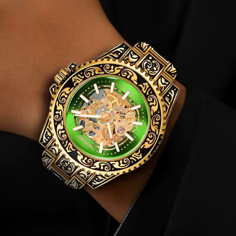 MEIRUIQI Armbanduhr Automatik, Edelstahl, Gold, grünes Zifferblatt, Herren - Bild 3