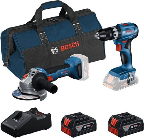 Bosch Professional Akku-Werkzeug-Set 18V mit GSB 18V-45 Schlagbohrschrauber und GWS 18V-8 Winkelschleifer, inklusive 2 Akkus und Ladegerät, Blau/Schwarz - Bild 1