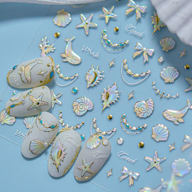 Rhstoe Nagelkunst-Aufkleber, goldene Muschel und Seestern, glänzend - Bild 1