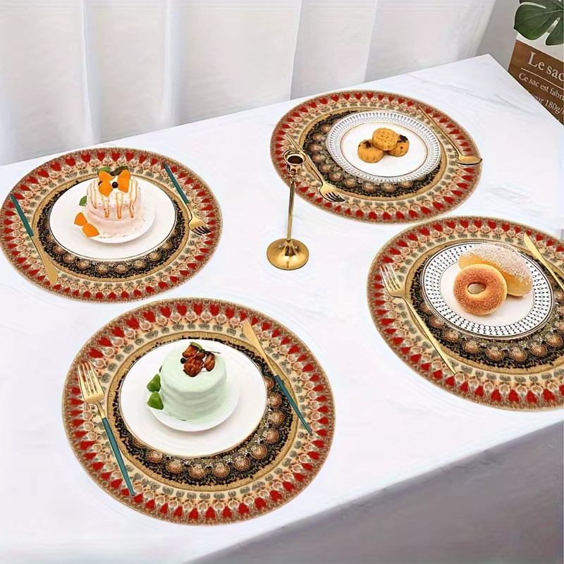 VIKAMA 4er Set Mandala Tischsets aus Leinen im Boho-Stil, rund, Mehrfarbig, Durchmesser: 38 cm - Bild 2