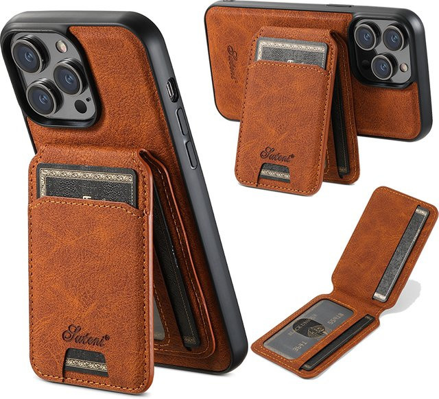 EUCAGR Leder Handyhülle mit Kartenhalter und MagSafe Magnetfunktion für iPhone 12 13 14 15 16 Pro Max Plus in Beige und Braun - Bild 1